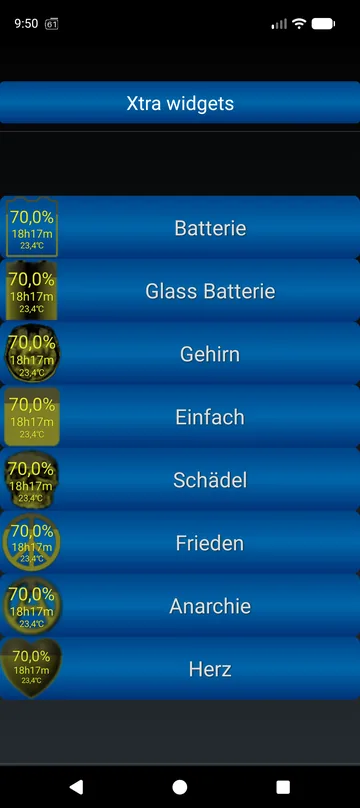 Xtra Widget-Stile: Akku, Glas, Gehirn, Einfach, Totenkopf, Peace, Anarchie, Herz