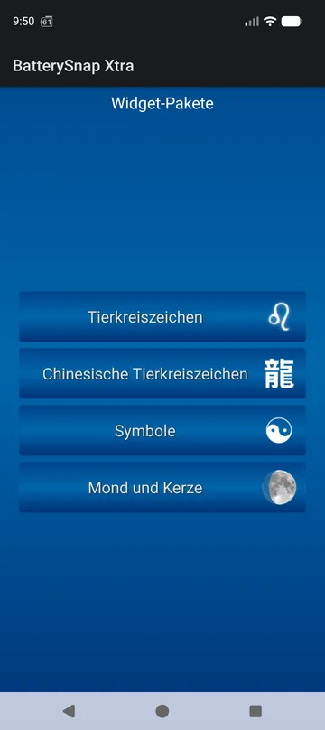 BatterySnap Xtra Widget-Paket-Hub: Sternzeichen, chinesische Tierkreiszeichen, Symbole, Mond und Kerze