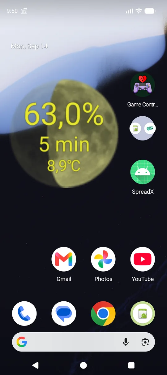 Mond-Widget auf dem Android-Startbildschirm mit Akkustand, Restzeit und Temperatur