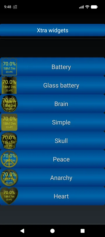 Xtra widget styles: battery, glass, brain, simple, skull, peace, anarchy, heart