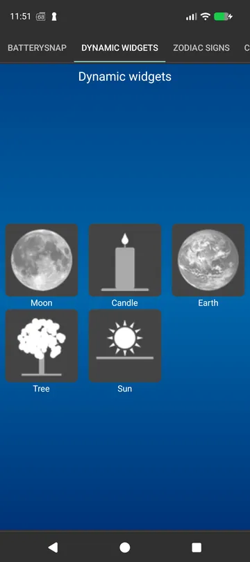 Dynamic widgets tab: moon, candle, earth, tree and sun, each following the battery level
