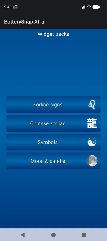 BatterySnap Xtra widget packs hub: Zodiac signs, Chinese zodiac, Symbols, Moon and candle