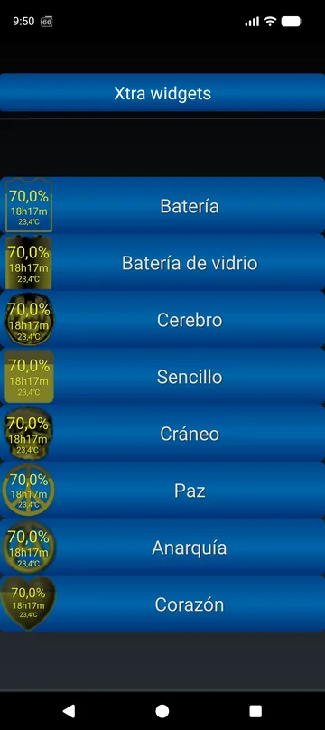 Estilos de widgets Xtra: batería, cristal, cerebro, simple, calavera, paz, anarquía, corazón
