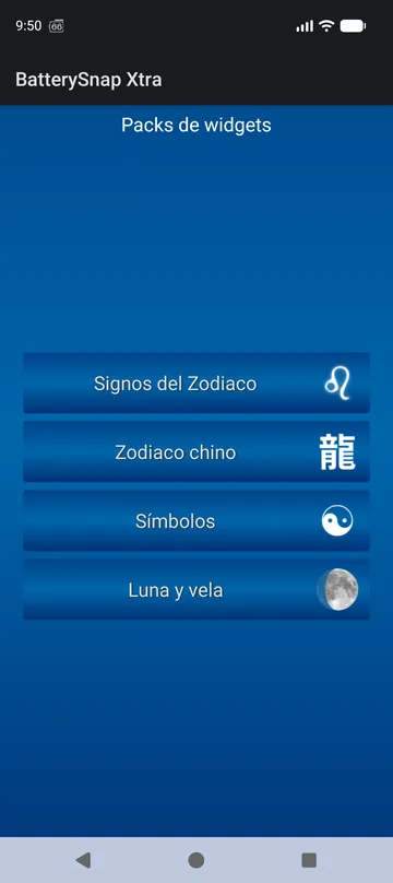 Hub de packs de widgets de BatterySnap Xtra: Zodíaco, zodíaco chino, Símbolos, Luna y vela