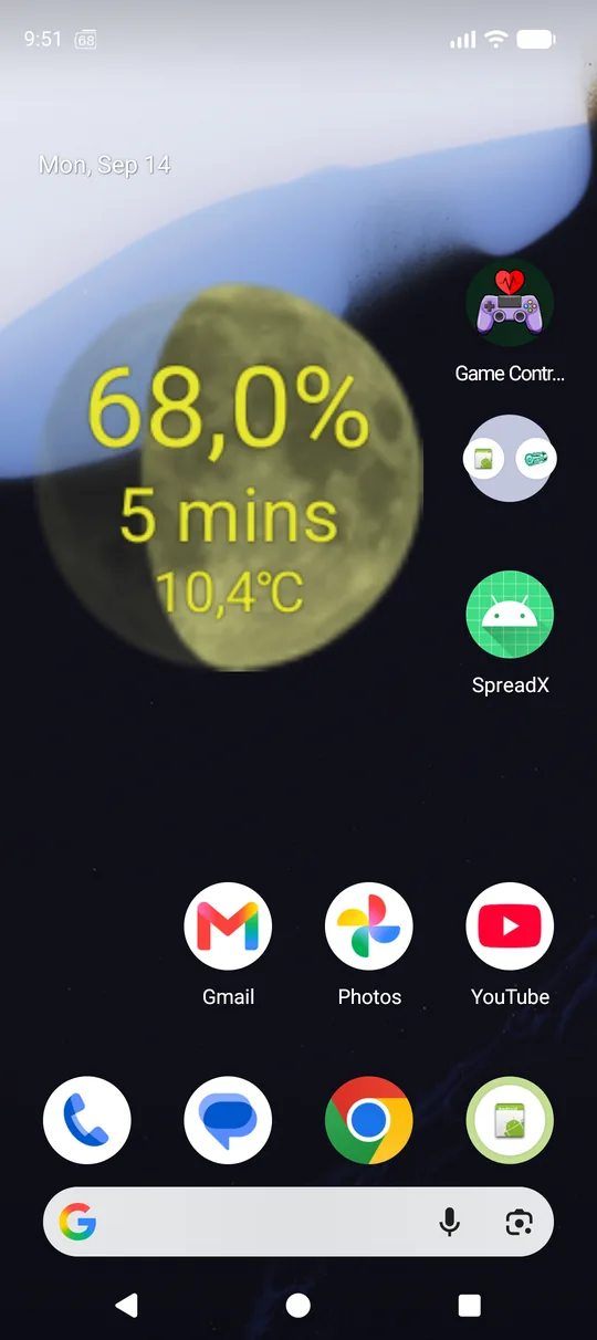 Widget de luna en la pantalla de inicio de Android con nivel de carga, tiempo restante y temperatura
