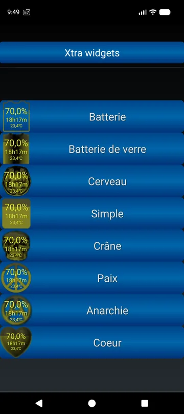 Styles de widgets Xtra : batterie, verre, cerveau, simple, crâne, paix, anarchie, cœur