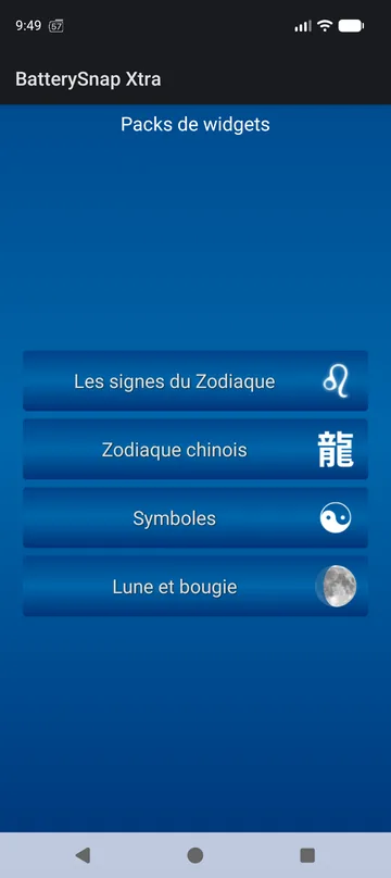 Hub des packs de widgets BatterySnap Xtra : Zodiaque, zodiaque chinois, Symboles, Lune et bougie