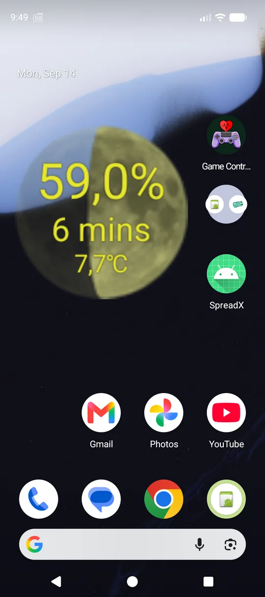 Widget lune sur l'écran d'accueil Android affichant niveau de charge, temps restant et température
