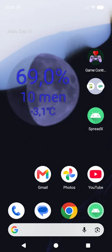 Widget bulan di layar utama Android menampilkan level baterai, sisa waktu, dan suhu