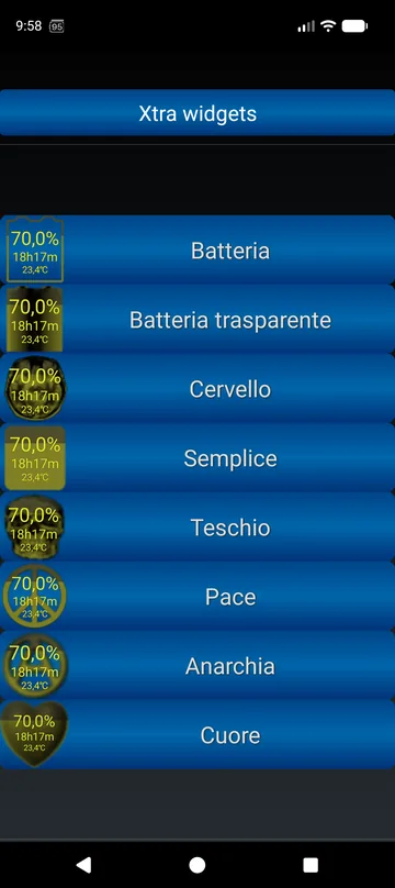 Stili di widget Xtra: batteria, vetro, cervello, semplice, teschio, pace, anarchia, cuore