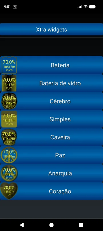 Estilos de widgets Xtra: bateria, vidro, cérebro, simples, caveira, paz, anarquia, coração