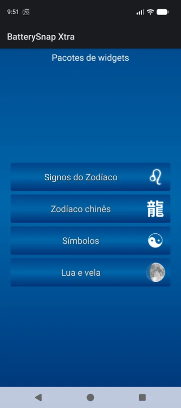 Hub de pacotes de widgets do BatterySnap Xtra: Zodíaco, zodíaco chinês, Símbolos, Lua e vela