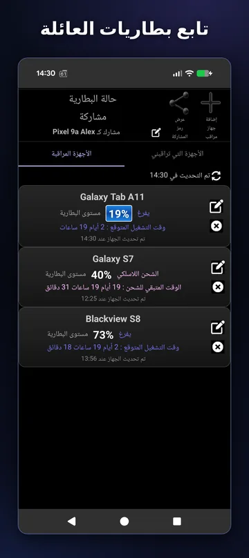 الأجهزة المراقَبة مع مستوى البطارية وحالة الشحن ومدة التشغيل المتوقعة