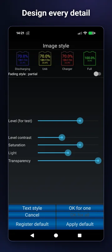 Widget image style editor: level contrast, saturation, light and transparency