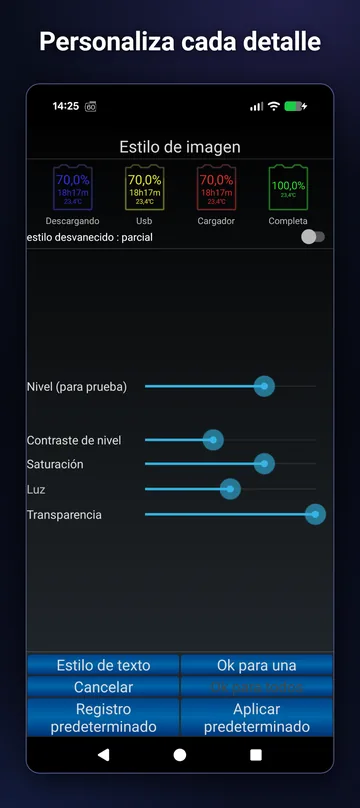 Editor de estilo de imagen del widget: contraste de nivel, saturación, luz y transparencia
