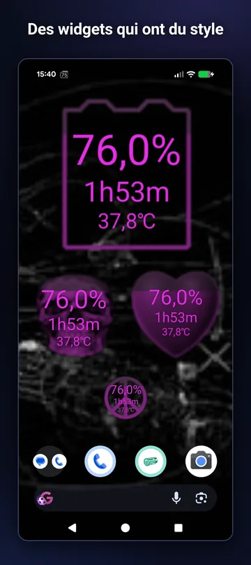 Widgets crâne, cœur et paix affichant niveau de charge, temps restant et température
