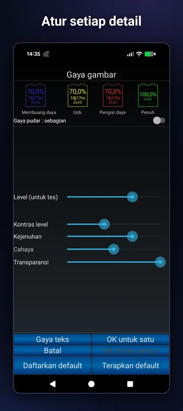 Editor gaya gambar widget: kontras level, saturasi, cahaya, dan transparansi