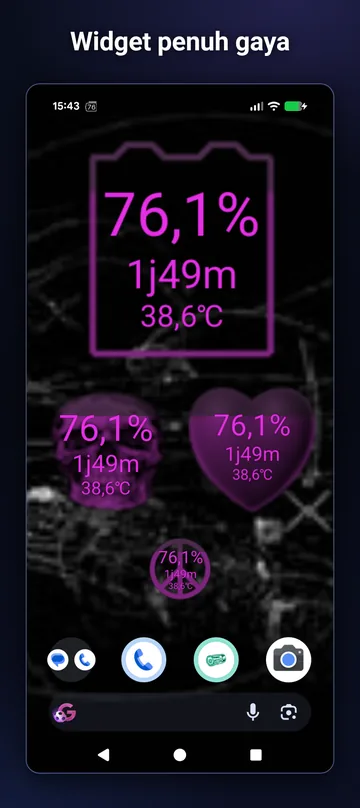 Widget tengkorak, hati, dan damai menampilkan level daya, sisa waktu, dan suhu