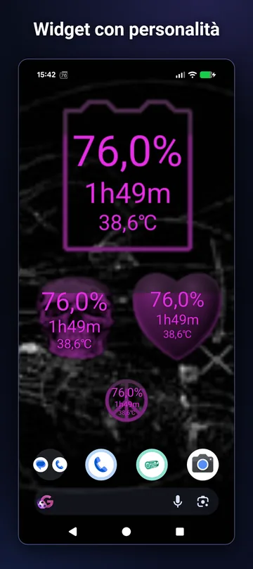 Widget teschio, cuore e pace con livello di carica, tempo rimanente e temperatura