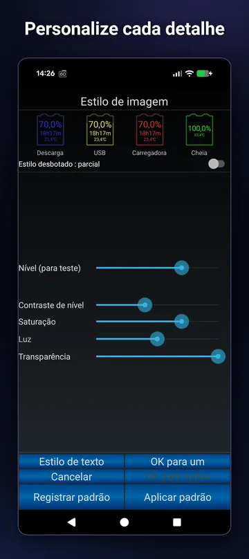 Editor de estilo de imagem do widget: contraste de nível, saturação, luz e transparência